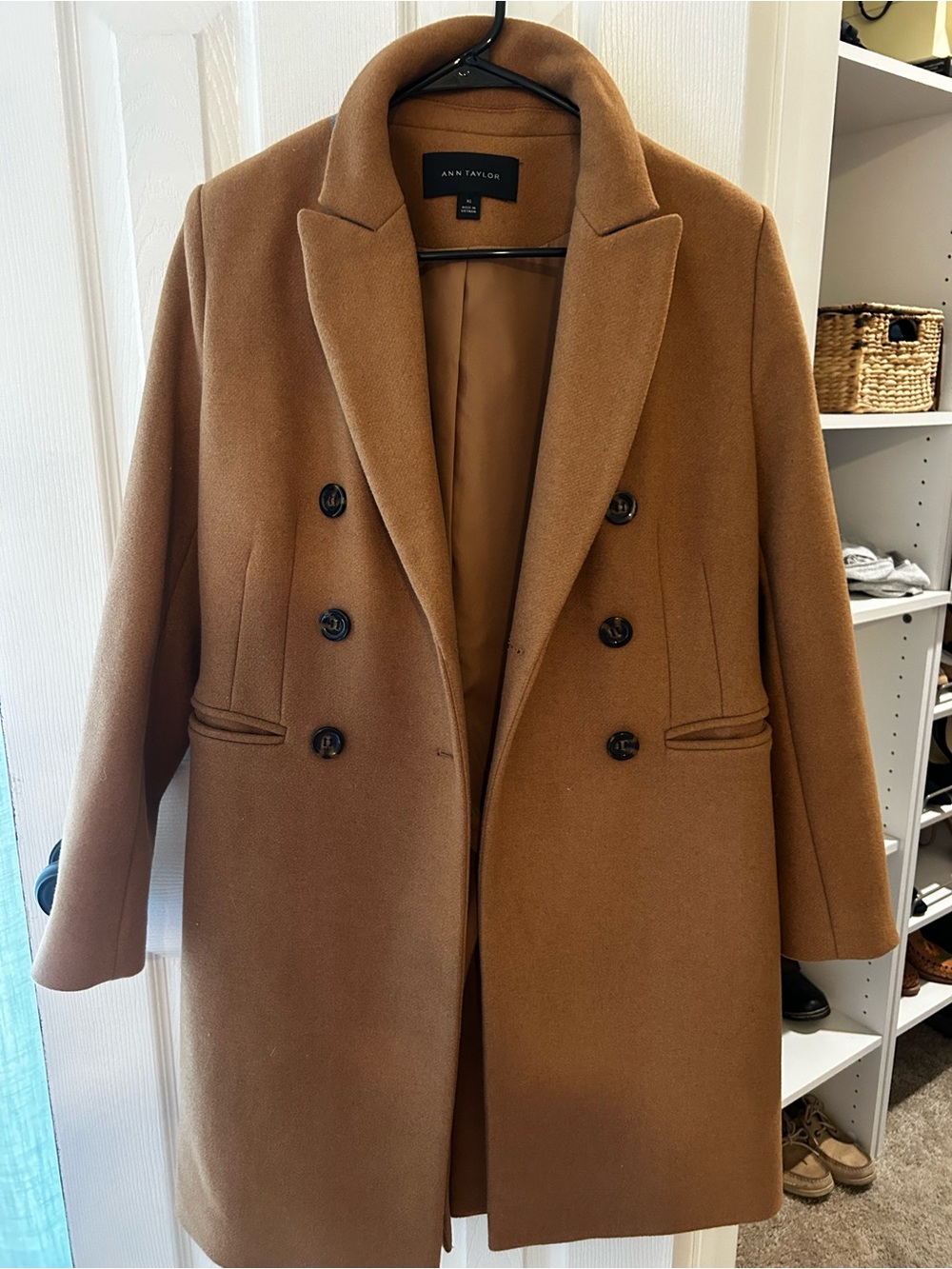 Ann Taylor Double-Breasted Camel Brown Wool Pea Coat